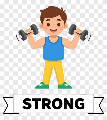 Cartoon Boy Lifting Dumbbells With Strong Text PNG