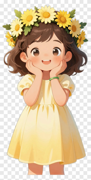Happy Girl In A Yellow Dress With A Flower Crown PNG