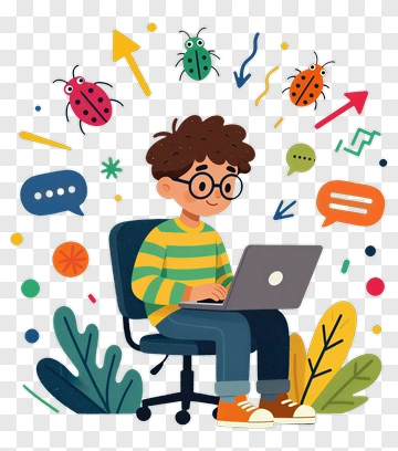 Boy Using Laptop Surrounded By Colorful Elements PNG