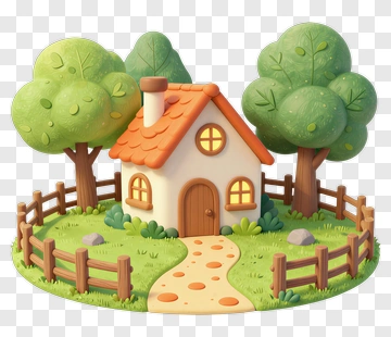 3D House Surrounded By Trees And Fence PNG