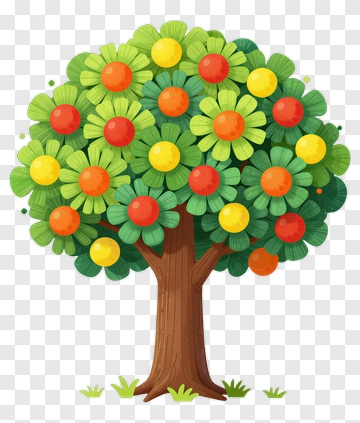 Colorful Tree With Flowers And Fruits PNG