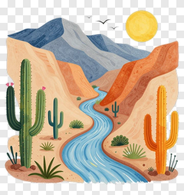 Desert Landscape With Cacti And River PNG