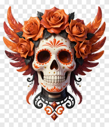 Decorative Skull With Roses And Feathers PNG