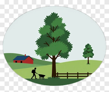 Gardener Pushing A Wheelbarrow In A Green Landscape PNG