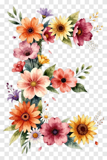 Floral Letter E With Colorful Flowers PNG
