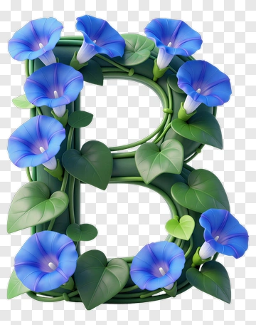 Letter B Decorated With Blue Flowers And Green Leaves PNG