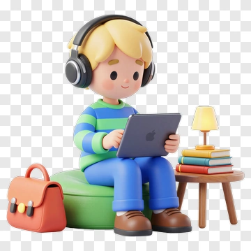 3D Boy Using Tablet While Sitting On A Green Cushion PNG