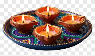 Colorful Diwali Oil Lamps On Decorative Plate PNG