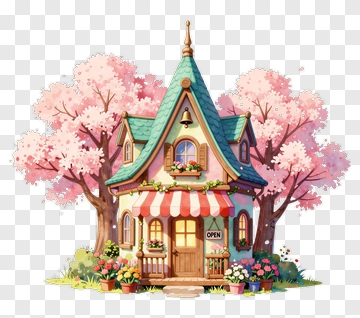 Charming Cottage Surrounded By Pink Cherry Blossom Trees PNG