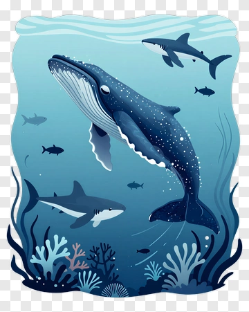 Colorful Underwater Scene With Whale And Sharks PNG