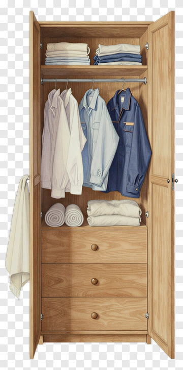 Wardrobe With Folded Clothes And Hanging Shirts PNG