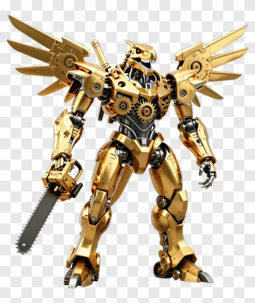 3D Golden Robot With Wings And Chainsaw PNG