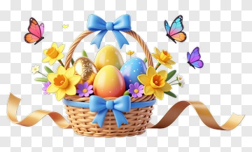 Easter Basket Filled With Colorful Eggs And Flowers PNG