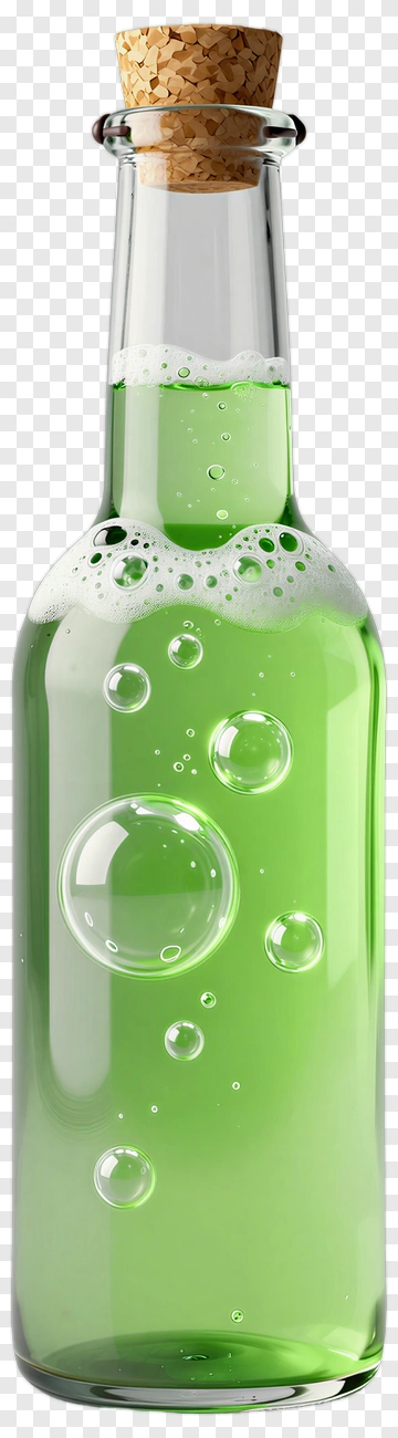 Glass Bottle With Green Liquid And Bubbles PNG