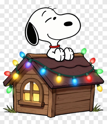 Cartoon Dog On A Doghouse With Christmas Lights PNG