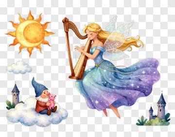 Fairy Playing Harp In A Magical Scene PNG