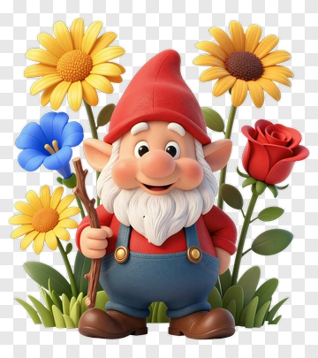 Cartoon Gnome Holding A Stick Surrounded By Flowers PNG