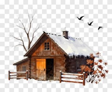 Winter Cabin Surrounded By Snow And Trees PNG