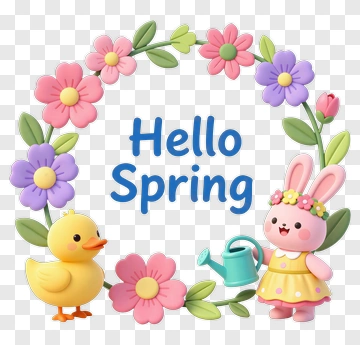 Cartoon Bunny And Duck With Spring Flowers PNG