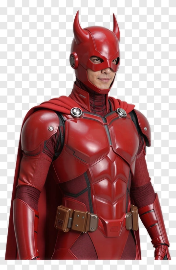 Superhero In Red Costume With Horns PNG