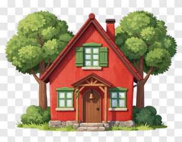 Cartoon Red House With Trees PNG
