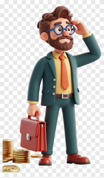 3D Businessman Thinking With Briefcase And Coins PNG