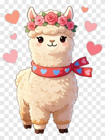 Cute Cartoon Alpaca With Flowers And Hearts PNG