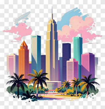 Colorful City Skyline With Palm Trees PNG