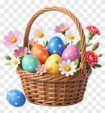 Easter Basket Filled With Colorful Eggs And Flowers PNG
