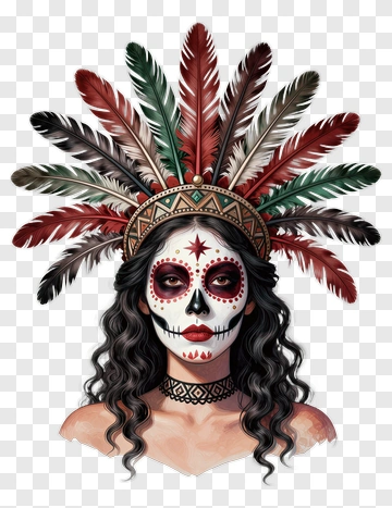 Woman With Feathered Headdress And Sugar Skull Makeup PNG