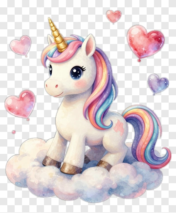 Cartoon Unicorn Sitting On A Cloud With Hearts PNG