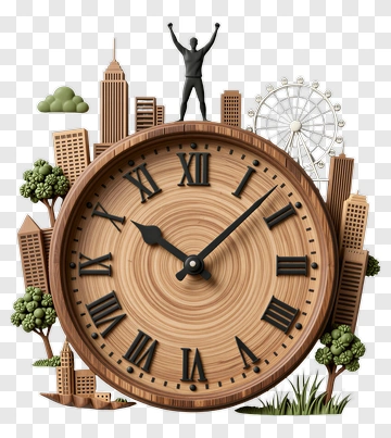 Clock Surrounded By A Cityscape And A Celebrating Figure PNG