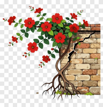 Vibrant Red Flowers Growing Through A Cracked Wall PNG