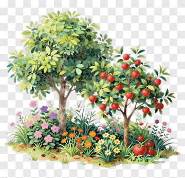 Colorful Garden With Trees And Flowers PNG