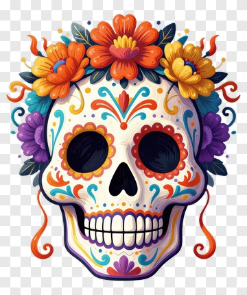 Colorful Sugar Skull With Floral Decorations PNG