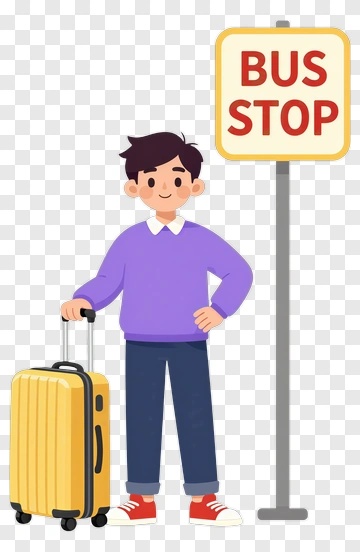 Boy At A Bus Stop With A Yellow Suitcase PNG