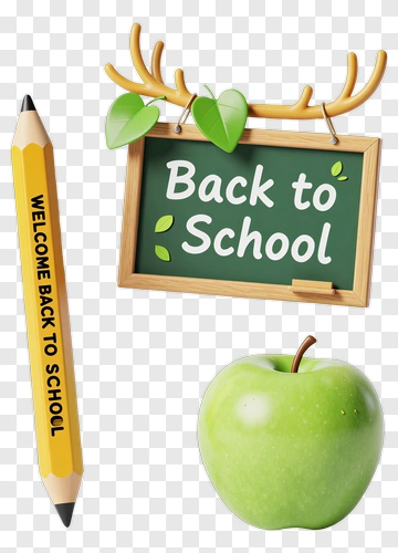 Back To School Welcome Sign With Pencil And Green Apple PNG