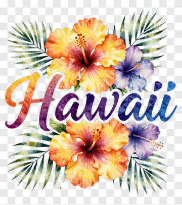 Colorful Hibiscus Flowers With Hawaii Text PNG