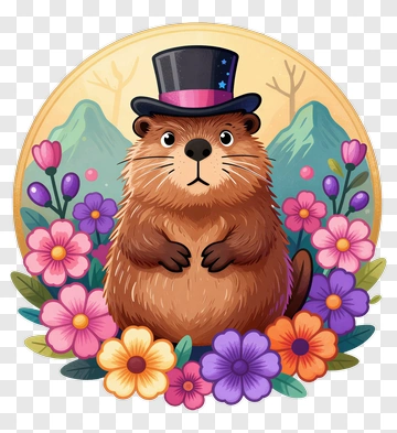 Cartoon Beaver Wearing A Top Hat Surrounded By Flowers PNG