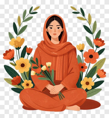 Woman Sitting Among Colorful Flowers PNG