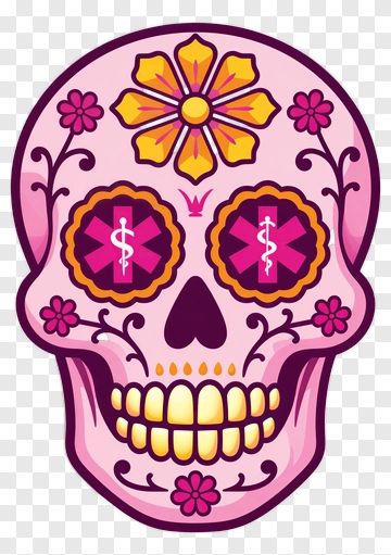 Colorful Sugar Skull With Floral Decorations PNG