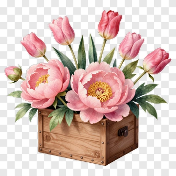 Wooden Box Filled With Pink Peonies And Tulips PNG