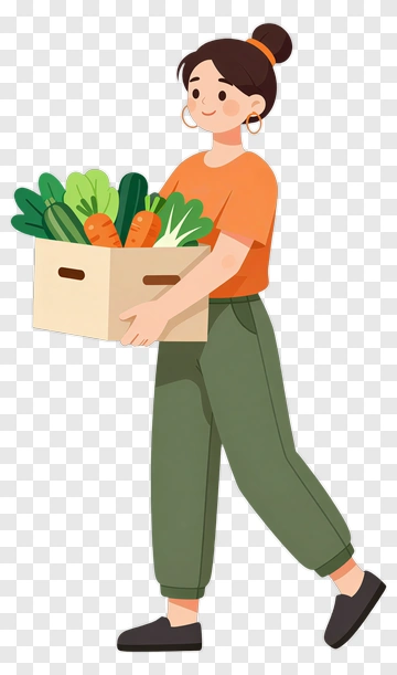 Woman Carrying A Box Of Vegetables PNG