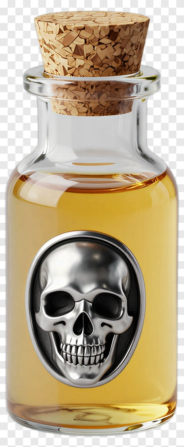 Glass Bottle With Skull Design And Cork Stopper PNG