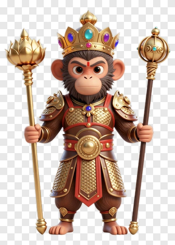 3D Monkey King Holding Staff PNG