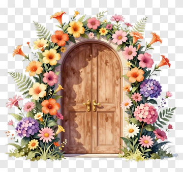 Wooden Door Surrounded By Colorful Flowers PNG
