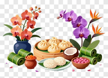 Colorful Asian Cuisine With Flowers PNG