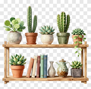 Succulent Plants On A Wooden Shelf PNG