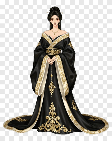 Elegant Woman In Black And Gold Traditional Dress PNG