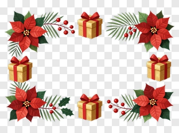 Christmas Poinsettia And Gift Box Frame PNG